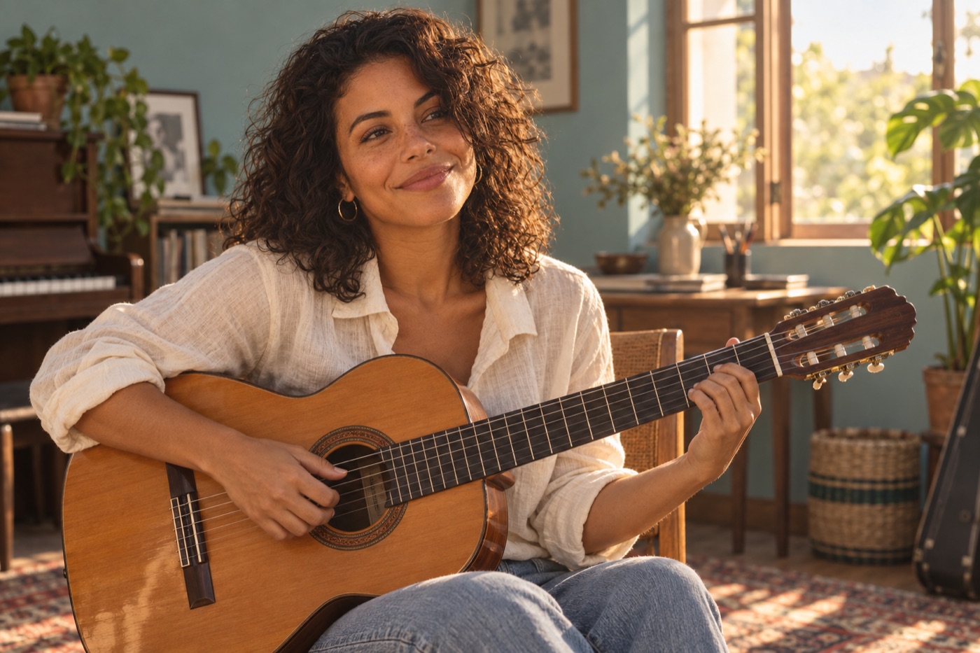 Clara Maré avec une guitare dans un intérieur baigné de soleil — portrait fictif